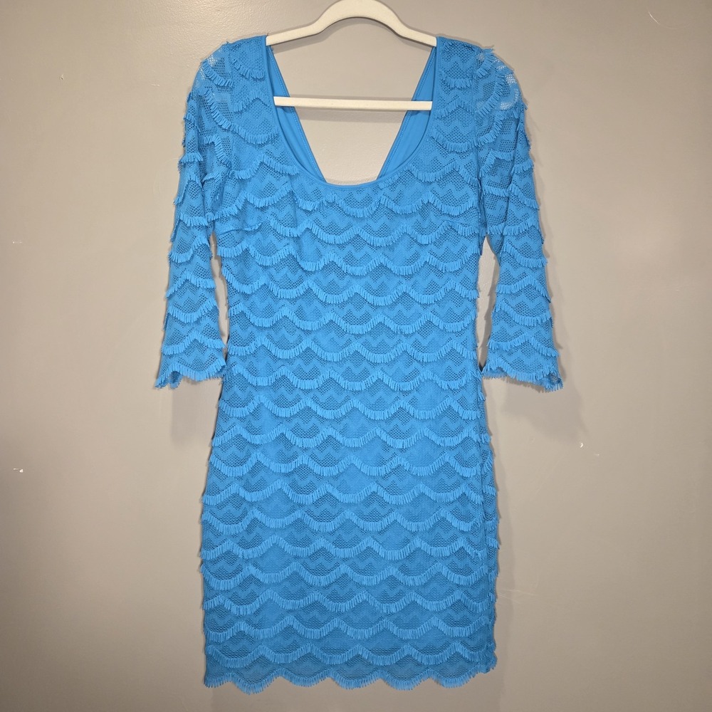 Guess 3/4 Sleeve Fringe Lace Scalloped Dress, Women's Size‎ 6, Turquoise Blue